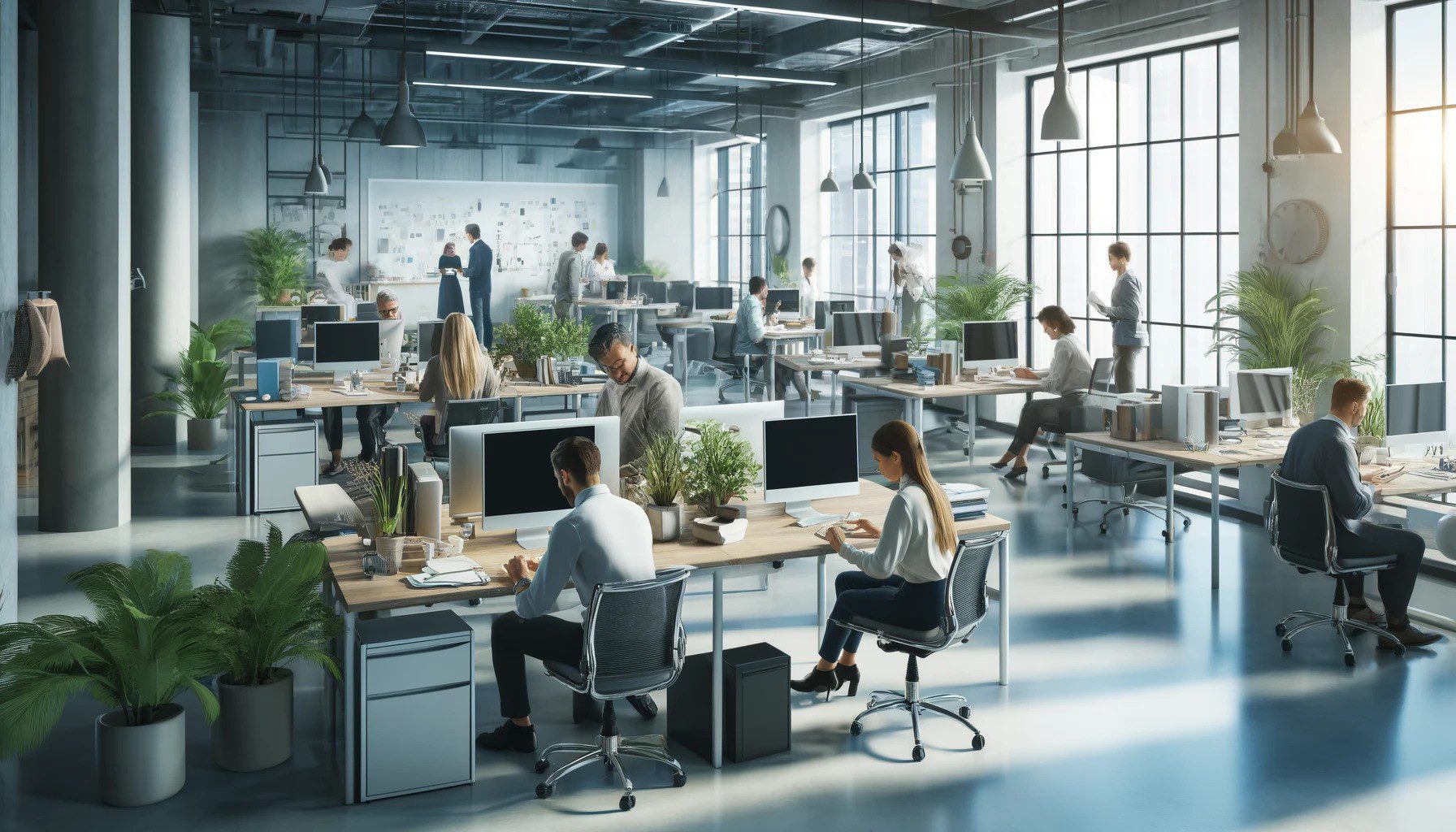 A busy office with the employees sitting at their desks hard at work on their computers