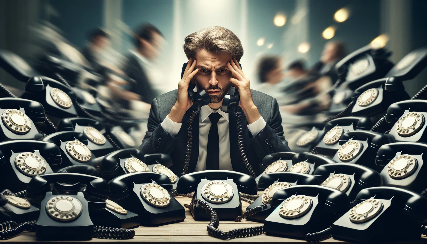 a man looking overwhelmed with a lot of office phones around him 