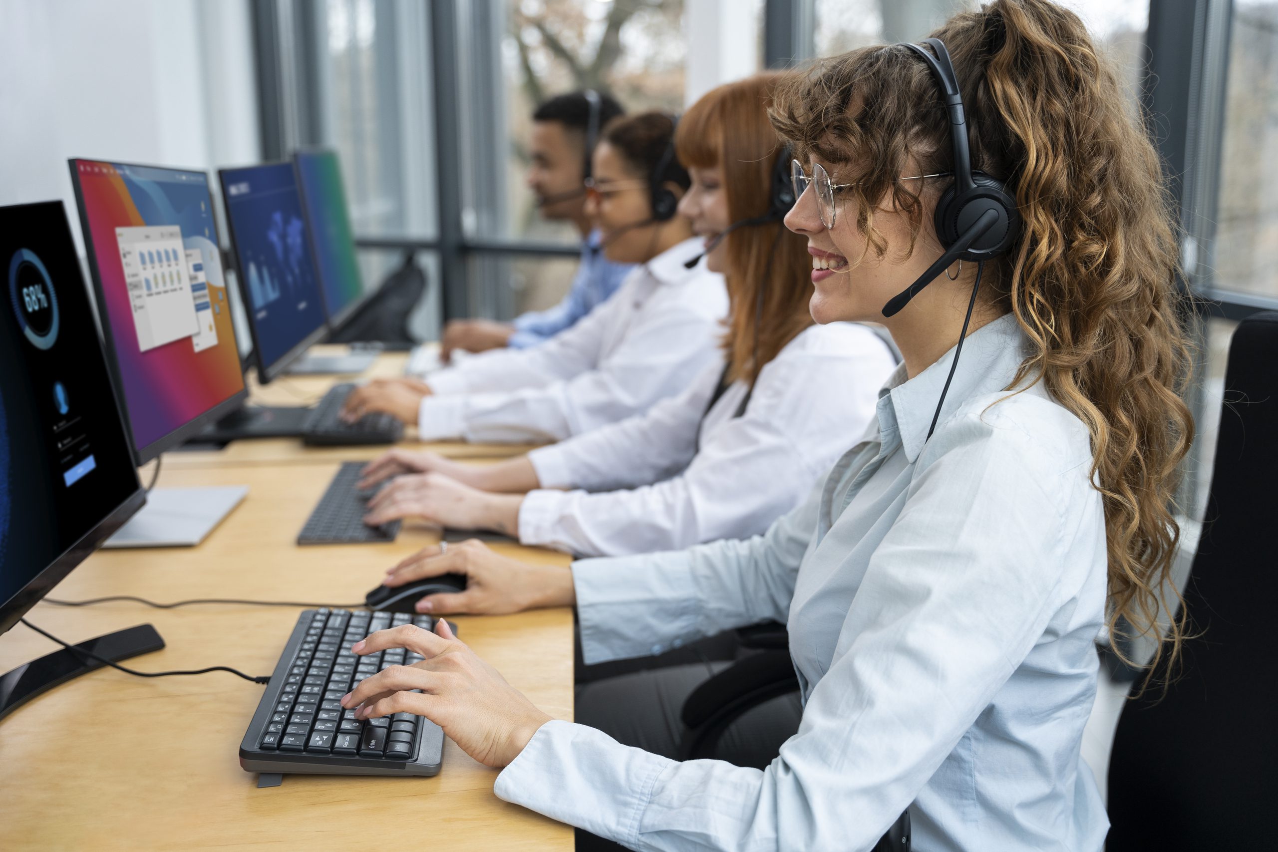 four call answering employees sitting at their computer desks working